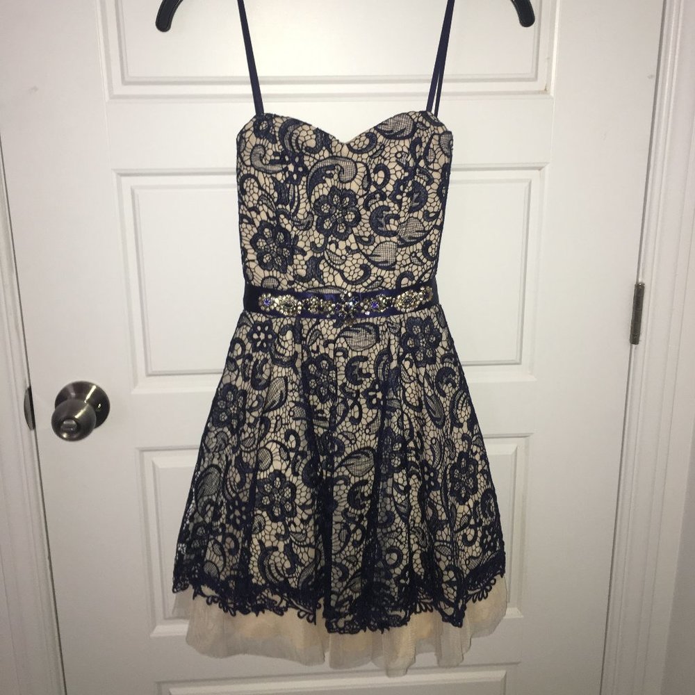 Strapless Navy Blue Lace Dress (Size 1)